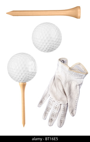 Golfartikel einschließlich Kugel, Tee und Handschuh isoliert auf weiss. Stockfoto