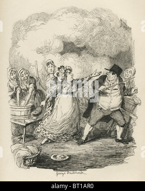 "Herr Bumble abgebaut, in den Augen der Bettler". 19. Jahrhundert-Illustration von Charless Oliver Twist. Stockfoto