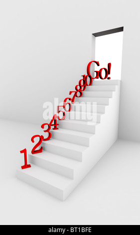 Monochromen 3d gerenderten Bild der Treppe mit roten Zahlen. Stockfoto