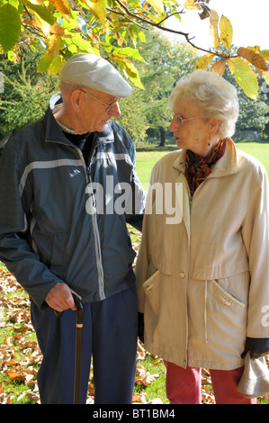 Zwei Rentner, ein älteres Ehepaar, bei einer herbstlichen Spaziergang streiten in der Sonne mit goldenen Blätter an den Bäumen Stockfoto