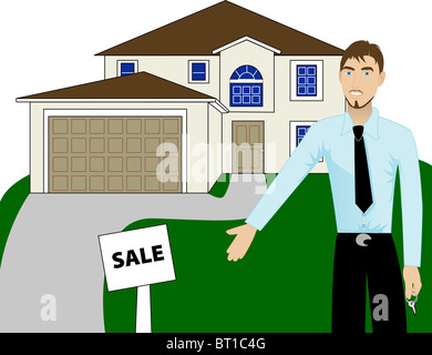 Vektor-Illustration. Ein Immobilienmakler mit Schlüsseln, die Werbung einer Haus zu verkaufen. Version 4 von 6. Stockfoto
