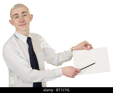 Der lächelnde Mann mit dem finanziellen Diagramm in Händen Stockfoto