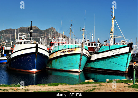 Im Rhythmus von drei bunt bemalten Fischerbooten im Hafen von Hout Bay. Ein Berg und blauen Himmel bilden den Hintergrund. Stockfoto
