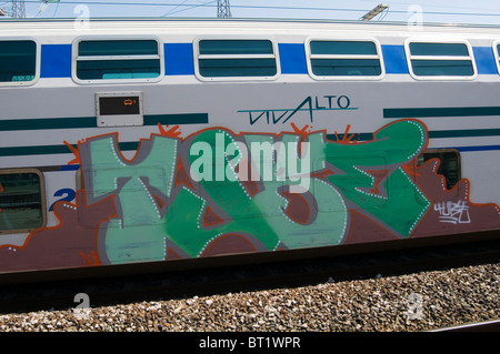 Graffiti Kunst Künstler-Straße Tag Tags Tags tagged Sprühfarbe lackiert auf einem Zug Wagen Wagen Züge in Vandal bedeckt va Stockfoto