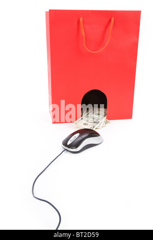 Isolierte Einkaufstasche und Computer-Maus, Konzept des e-Commerce Stockfoto