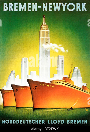 Bremen nach New York, 1920er-Jahre Art-Deco-Plakat für den Norddeutschen Lloyd Bremen-Linie von Europa nach Amerika zu segeln Stockfoto