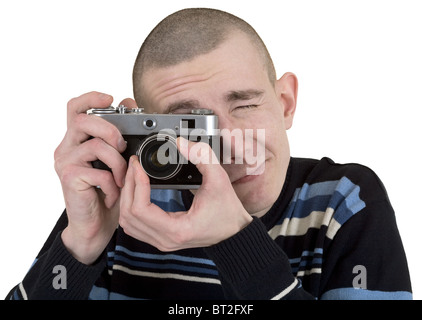 Mann mit antiken Kamera auf weißem Hintergrund Stockfoto