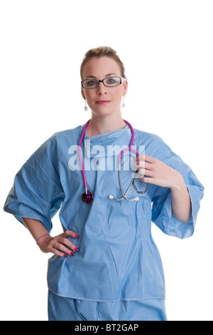 junger Arzt oder Krankenschwester in blau scheuert sich isoliert auf weißem Hintergrund Stockfoto