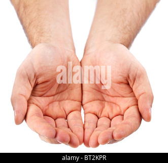 Leere Handflächen nach oben isoliert auf weißem Hintergrund. Stockfoto
