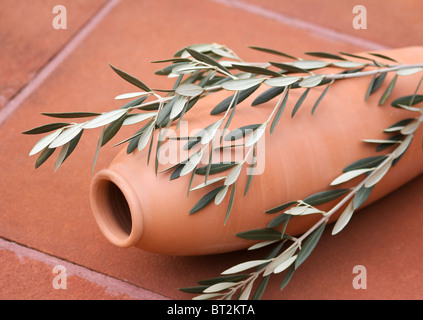 Olivenzweig und Blätter über einer Terrakotta-Vase auf einem Buntsandstein-deck Stockfoto