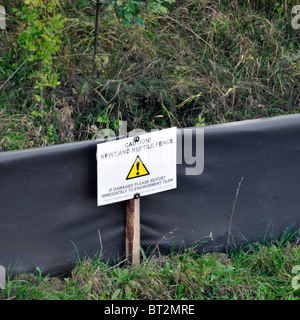 Kunststoff Newt Reptil Zäune errichtet auf Rasen Damm vor der Autobahn Erweiterung Projekt Stockfoto