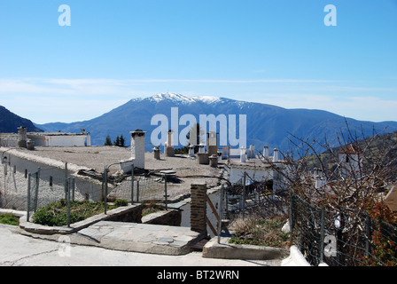 Blick über graue Dächer, Capileira, Las Alpujarras, Provinz Granada, Andalusien, Südspanien, Westeuropa. Stockfoto