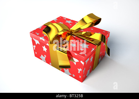 Eine schöne rote mit silbernen Sternen Geschenkbox mit goldenen Band auf einer weißen Fläche Stockfoto