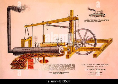 Die erste Dampfmaschine entworfen und gebaut in den Vereinigten Staaten, von Oliver Evans, der Philadelphia, Pennsylvania, 1801 Stockfoto