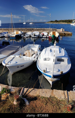 Kleiner Hafen mit vertäuten Fischerbooten, Insel Silba, Kroatien Stockfoto