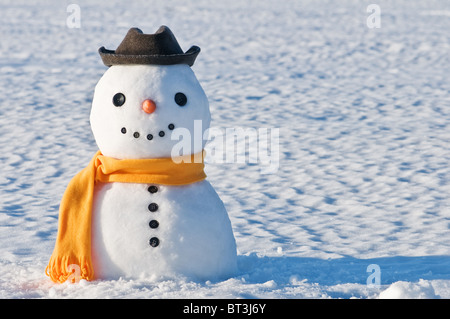 niedlichen Schneemann auf schneebedecktes Feld Stockfoto