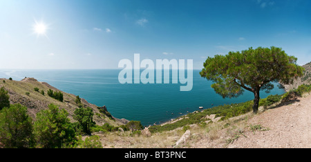 Meer, Pinienwald und Berglandschaft Stockfoto