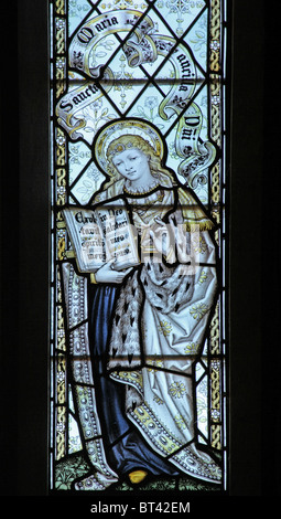 Glasfenster von C E Kempe & Co; Die Jungfrau Maria bei der Kreuzigung, St John the Baptist Church, Osten nach unten, Devon Stockfoto