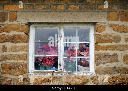 Blumenarrangements, gesehen durch ein Oxfordshire Hütte Fenster UK Stockfoto