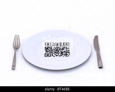 Teller mit Gabel, Messer und QR-Code, 3d illustration Stockfoto
