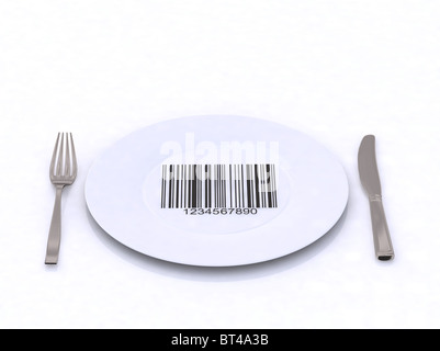 Teller mit Gabel, Messer und Barcode, 3d illustration Stockfoto
