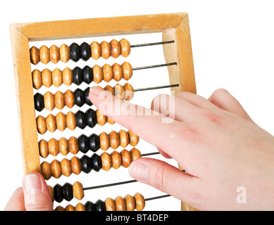 Hölzerne Abakus in Händen auf einem weißen Hintergrund Stockfoto