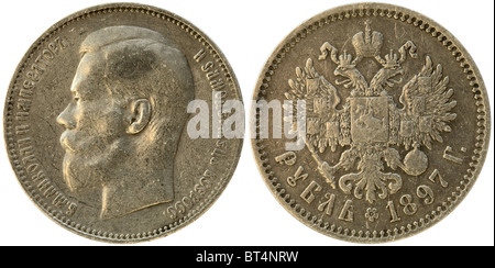 Antike russische Silbermünze - Rubel mit Nikolai Romanov Stockfoto