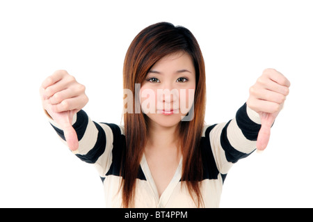 Schöne Frau, die Daumen nach unten Zeichen Stockfoto