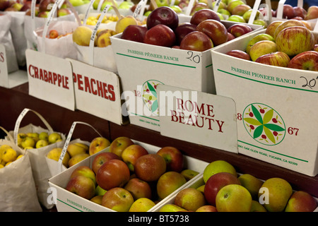 Äpfel auf dem Display für Verkauf, Eiche Glenn, Kalifornien Stockfoto