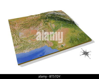 Pakistan, 3D Reliefkarte mit Städten und Grenzen. Stockfoto