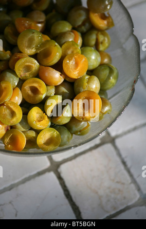 (Prunus X domestica var. Syriaca) Halbierten und entsteinten Mirabellen in eine Glasschüssel. Stockfoto