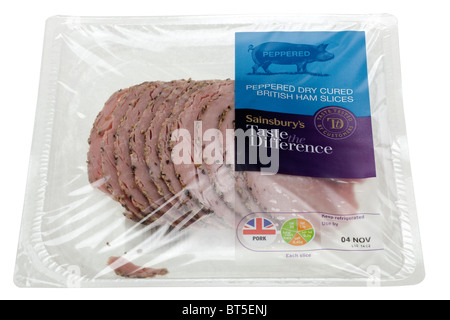 Sainsburys schmecken die Unterschied gespickt trockenen britischen Schinkenscheiben in einer Cellophan versiegelten Paket Stockfoto