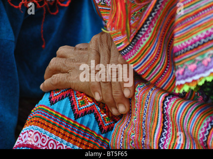 Detail der Hände einer älteren "Flower Hmong" tribal Frau in der Nähe von Sapa, Vietnam Stockfoto