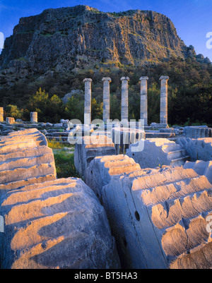 Tempel der Athena in Priene, Ägäis, Türkei, griechische Ruinen von 350 v. Chr., erbaut von dem Architekten Pytheos, Sunrise Stockfoto