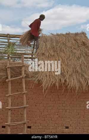 Arbeiter reparieren Strohdach, Madagaskar. Stockfoto