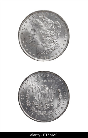 Morgan Silberdollar von Carson City Mint, auf weißem Hintergrund. Stockfoto