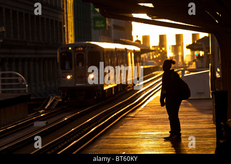 Sunrise beleuchtet die erhöhten Schienen von der Chicago-Rapid Transit-System, bekannt als the'L "in Chicago, IL, USA. Stockfoto