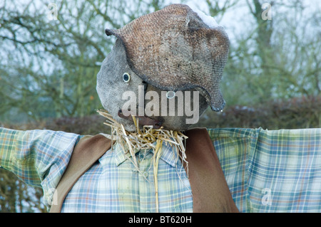 Scare Crow Stil Mühle Cheshire Winterschnee gefroren Frost Landwirtschaft, Herbst, Hintergrund, Vogel, blau, bunt, Overalls, knackig Stockfoto