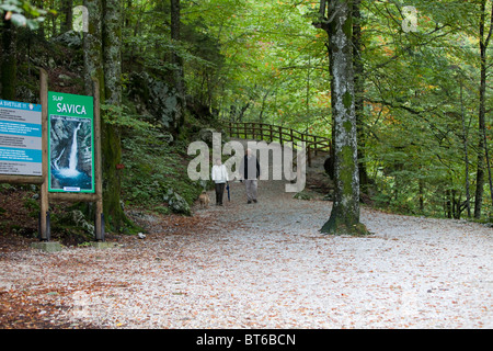 Der Start des Gehweges zum Slap Savica, einer der bekanntesten und beliebtesten Wasserfälle in Slowenien Stockfoto