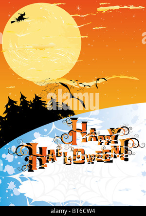 Halloween-Karte mit Sterne, Mond, Wald, Hexe und Fledermäuse und Textfreiraum Stockfoto