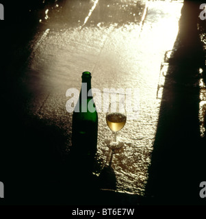 Eine Flasche und ein Glas weißen Reben stehen auf einer nassen Seite gehen. Stockfoto