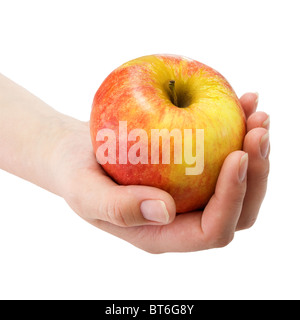 Hand mit rot mit gelb seitlich einen Apfel auf weißem Hintergrund Stockfoto
