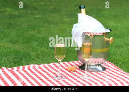 Champagner und zwei Gläser bei einem Sommerpicknick Stockfoto