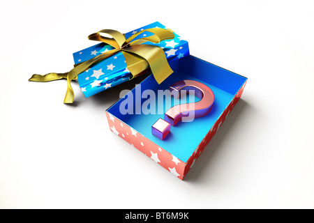 geöffnete Geschenk, Geschenkbox mit einem 3D Fragezeichen im Inneren. Stockfoto