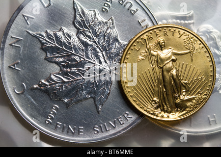 Kanadische Maple Leaf Silber Anlagemünze - USA-Gold Eagle-Anlagemünze Stockfoto