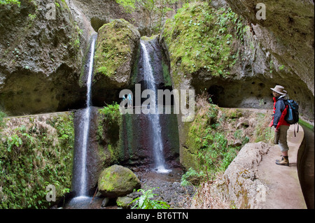 Levada Nova führt vorbei am Wasserfall, Lombada da Ponta do Sol, Madeira, Portugal Stockfoto