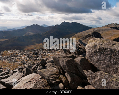 Der Snowdon Horseshoe von Glyder Fach. Die Ausläufer des Castell y Gwynt unter Glyder Fawr ist sichtbar auf der rechten Seite. Stockfoto