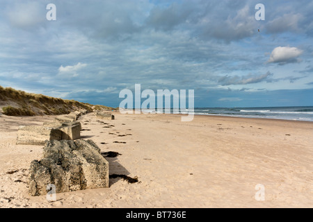 Druridge Bay Beach mit Zweiter Weltkrieg anti-Tank Verteidigung, Northumberland, North East England. Stockfoto