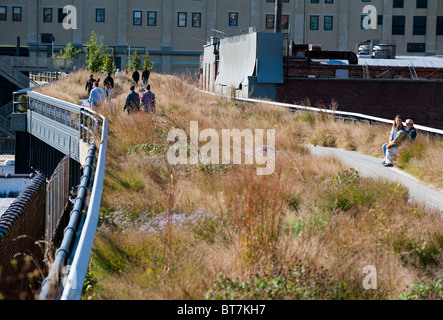 Die High Line erhöht angelegten öffentlichen Gehweg gebaut auf alte Eisenbahnviadukt in Chelsea-Viertel von Manhattan in New York City Stockfoto