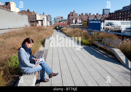 Die High Line erhöht angelegten öffentlichen Gehweg gebaut auf alte Eisenbahnviadukt in Chelsea-Viertel von Manhattan in New York City Stockfoto